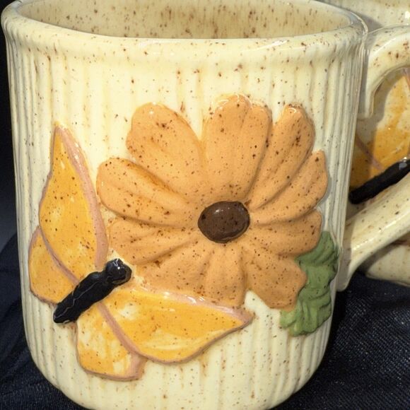 Butterfly Flower Mug Coffee Cup Speckled Auburn Clay Barn Vintage 1970s Set of 6 - Picture 2 of 10
